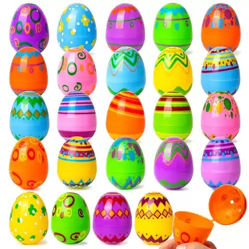 JOYIN 24PCS 2.3" Printed Easter Eggs, Empty Easter Eggs Fillable, Colorful Plastic Eggs Bulks for Easter Hunt, Party Favor, Basket Stuffers Filler, Classroom Prize Supplies