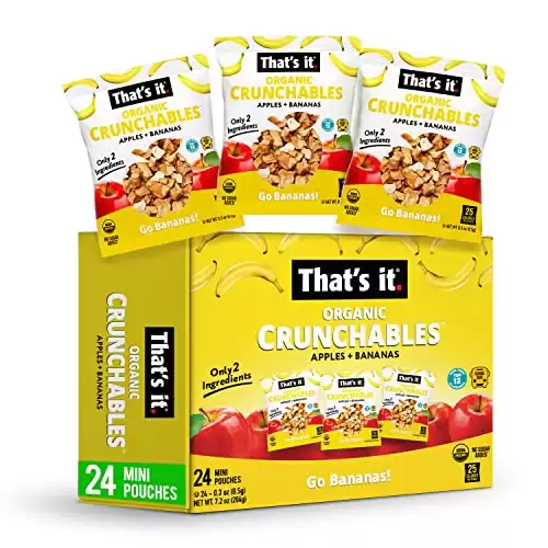 That’s it. Crunchables Fruit Snacks for Kids 100% Organic Apples + Bananas, Deliciously Healthy and Light, Plant-Based, Non-GMO, Gluten Free, USDA Approved Snacks 24 Packs (8.5g)