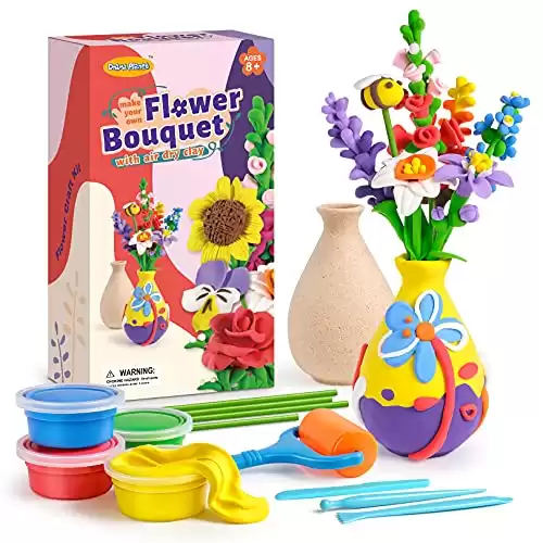 Drama Planet Flower Craft Kit for Kids, Make Your Own Flower Bouquet with Air Dry Clay, Arrange Clay Flowers & Create Personalized Art, Great Gifts for Girls