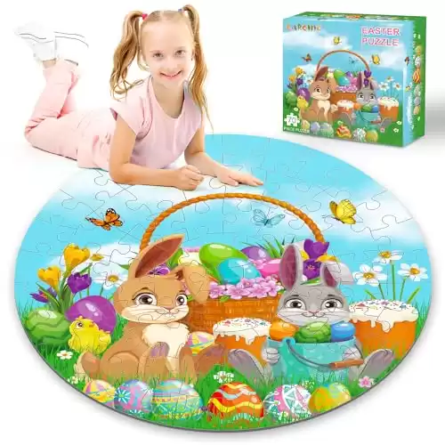 Easter Puzzles for Kids Ages 4-8, 70 Pieces Easter Floor Puzzles, Large Round Jigsaw Puzzles for Kids Ages 3-5, Bunny Puzzles Educational Easter Gifts for Toddler