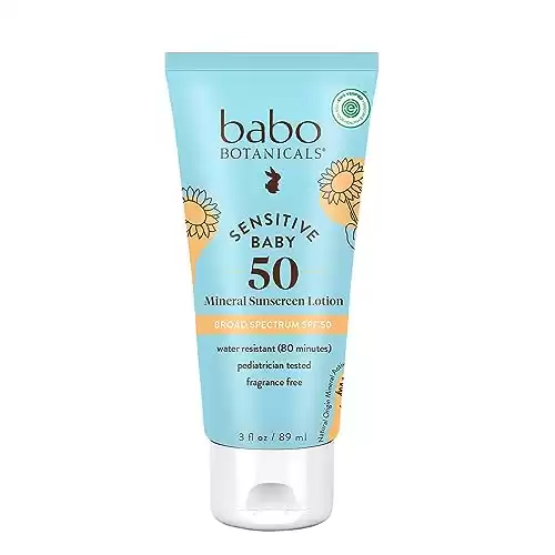 Babo Botanicals Sensitive Baby Mineral Sunscreen Lotion SPF50 - Natural Zinc Oxide - Face & Body - Fragrance-Free - Water-Resistant - EWG Verified - Vegan - Extra Sensitive Skin - For Babies &...