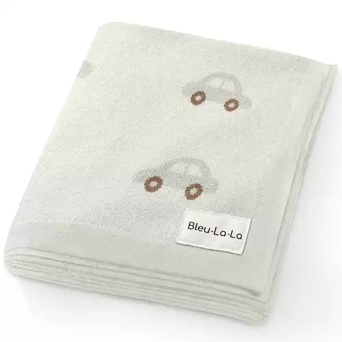Bleu La La Knit Baby Blanket for Girls and Boys 100% Cotton Buttery Soft Cozy Receiving Swaddle Crib Stroller Blanket for Shower Gift Registry for Newborns, Infants, Toddlers (Cars - Cream)