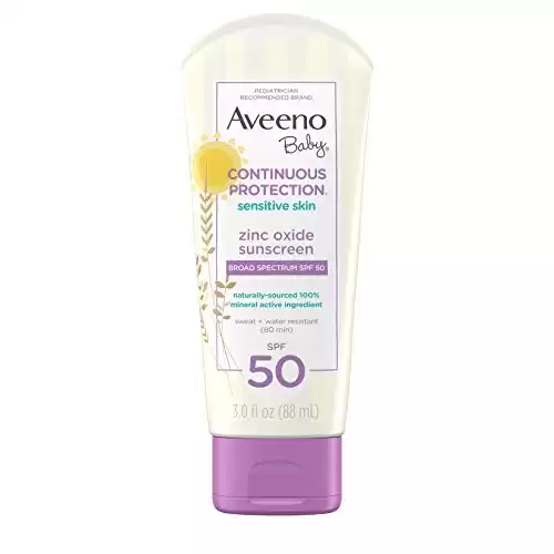 Aveeno Baby Continuous Protection Zinc Oxide Mineral Sunscreen Lotion for Sensitive Skin, Broad Spectrum SPF 50, Tear-Free, Sweat- & Water-Resistant, Paraben-Free, Travel-Size, 3 fl. oz