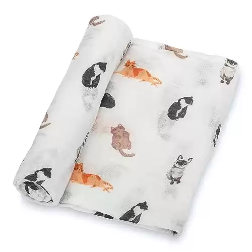 LollyBanks 100% Cotton Muslin Swaddle Baby Blanket for Newborns and Infants | Generous 47 x 47 inches Size | Lightweight, Breathable, and Adorable Cat Prints, Here Kitty Kitty