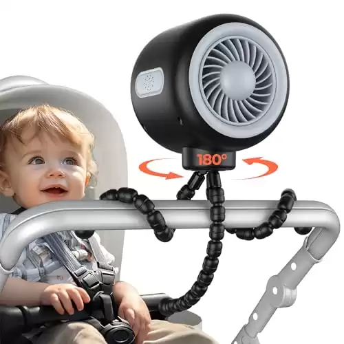 Koonie Oscillating Stroller Fan, Flexible Tripod, Clip-on for Car Seats, USB Rechargeable Battery Operated, 3 Speeds, Quiet Operation - Portable Baby Travel Gear for Camping, Tent, Crib, Bike